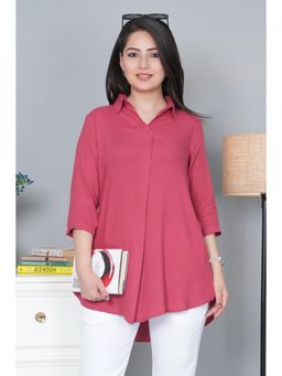 MLADA - Pink Solid Longline High-Low Hem Collar Neck Top