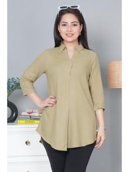 MLADA - Green Solid Longline High-Low Hem Collar Neck Top