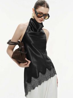 Outzidr - Black High Neck Satin Top With Lace Hem