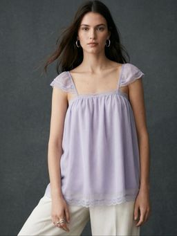 Outzidr - Lavender Solid Square Neck Flowy Top