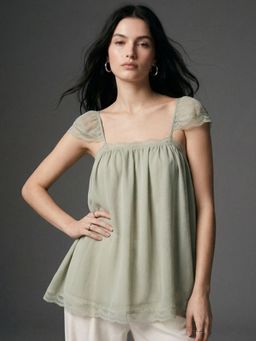 Outzidr - Mint Green Solid Square Neck Flowy Top