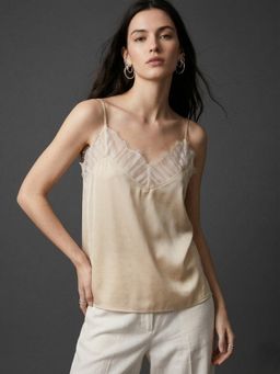 Outzidr - Champagne Strappy V Neck Camisole With Lace Inserts