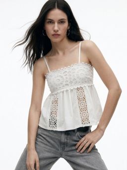 Outzidr - White Square Neck Lace Flouncy Camisole