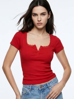 Outzidr - Red Semi Button Down Square Neck Top