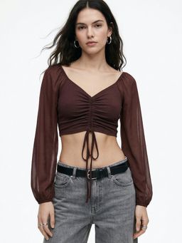Outzidr - Brown Bishop Sleeve Front Ruched Top