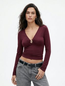 Outzidr - Maroon Full Sleeve V Neck Top