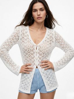Outzidr - White Full Sleeve Crochet Front Buttoned Top