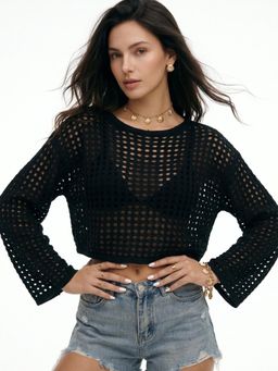 Outzidr - Black Full Sleeve Crochet Top