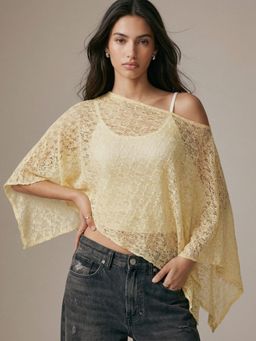 Outzidr - Cream One Shoulder Asymmetrical Sheer Top