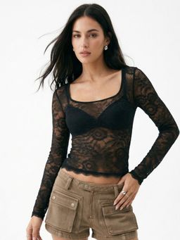 Outzidr - Black Full Sleeve Square Neck Lace Top