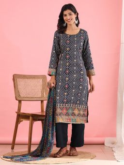 Mamicha - Elegance Classic Unstitched Dress Material- Navy Blue (Set of 3)