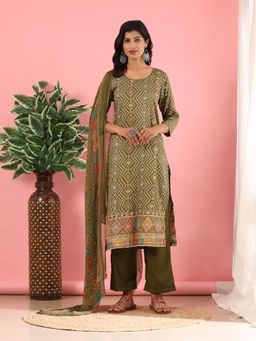 Mamicha - Elegance Classic Unstitched Dress Material- Olive (Set of 3)