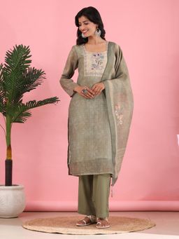 Mamicha - Elegance Classic Unstitched Dress Material- Olive (Set of 3)