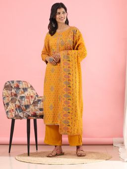 Mamicha - Elegance Classic Unstitched Dress Material- mustard (Set of 3)