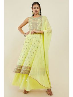 Soch - Yellow Georgette Mirror Work Sleeveless Salwar with Palazzo and Dupatta (Set of 3)