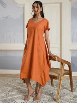 AAVYAM - Orange V-neck Cotton Dress