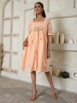 AAVYAM - Peach Floral Embroidery Dress