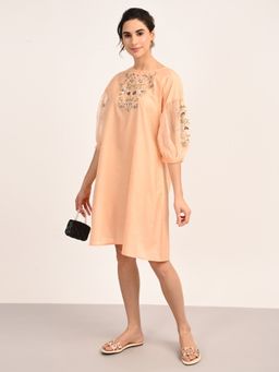 AAVYAM - Peach Embroidered Organza Dress