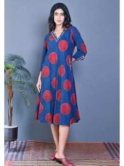 EARTHWEAR - Indigo Ajrakh Block Printed Bias with Hand Embroidery Detailing Dress