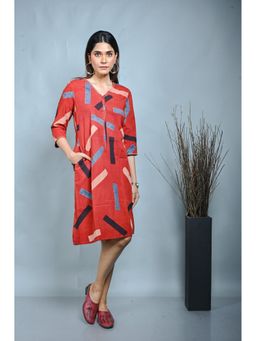 EARTHWEAR - Red Ajrakh A Line Zipper With Hand Embroidery Knee Length Dress
