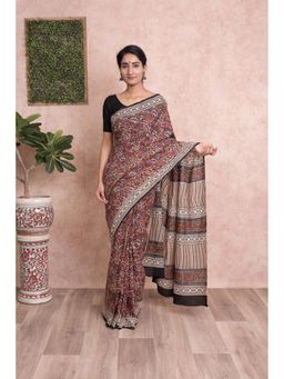 KISHORI - Women Bagru Print Kalamkari Cotton Mulmul Saree with Unstitched Blouse - Multi-Color