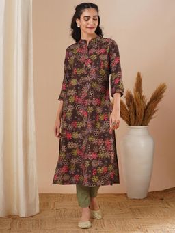 FASHOR - Floral Foil Printed Straight Fit Kurta - Brown