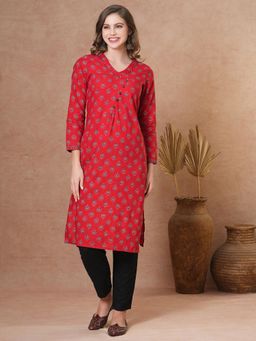 FASHOR - Ethnic Printed Sequined Straight Fit Kurta - Red