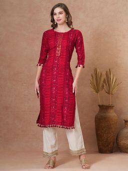 FASHOR - Ethnic Bandhani Printed and Embroidered Straight Fit Kurta - Maroon