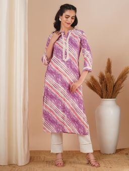 FASHOR - Ethnic Printed Lace Work Straight Fit Kurta - Purple
