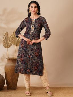 FASHOR - Foil Printed and Embroidered Straight Fit Kurta - Navy Blue