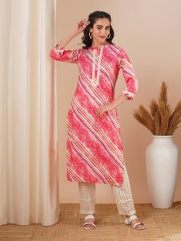 FASHOR - Ethnic Printed Lace Work Straight Fit Kurta - Coral