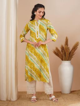 FASHOR - Ethnic Printed Lace Work Straight Fit Kurta - Mustard