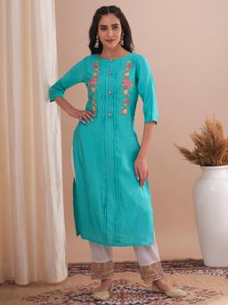 FASHOR - Floral Embroidered Straight Fit Kurta - Turquoise