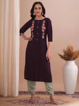 FASHOR - Floral Embroidered Straight Fit Kurta - Burgundy