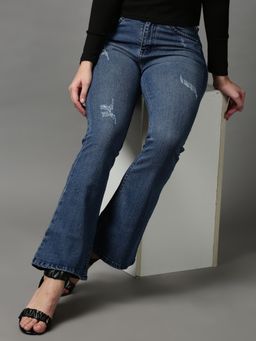 SHOWOFFFF - Womens Mildly Distressed Bootcut Blue Denim Jeans