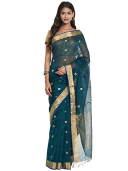 Fabindia - Dark Green Chanderi Cotton Silk Saree