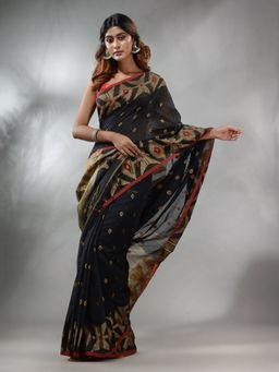 CHARUKRITI - Black Cotton Handwoven Saree with Texture Pattern & Unstitched Blouse