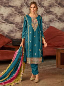 Odette - Teal Embroidered Silk Blend Semi Stitched Salwar with Dupatta and Pant (Set of 3)