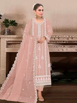 Odette - Peach Embroidered Georgette Semi Stitched Salwar with Dupatta and Pant (Set of 3)