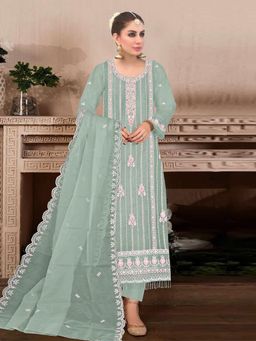 Odette - Light Green Embroidered Georgette Semi Stitched Salwar with Dupatta and Pant (Set of 3)