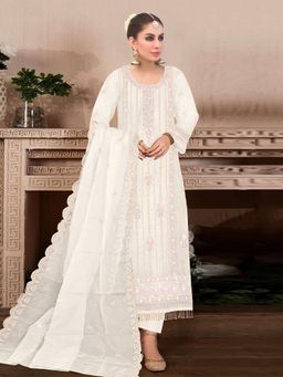 Odette - White Embroidered Georgette Semi Stitched Salwar with Dupatta and Pant (Set of 3)