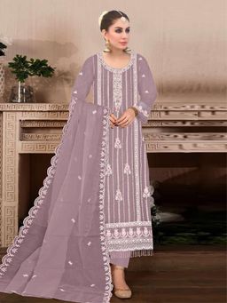 Odette - Mauve Embroidered Georgette Semi Stitched Salwar with Dupatta and Pant (Set of 3)