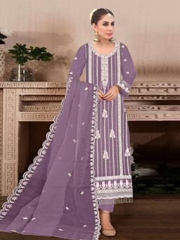Odette - Purple Embroidered Georgette Semi Stitched Salwar with Dupatta and Pant (Set of 3)