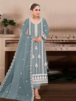 Odette - Sea Green Embroidered Georgette Semi Stitched Salwar with Dupatta and Pant (Set of 3)
