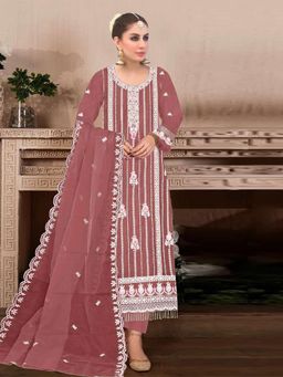 Odette - Maroon Embroidered Georgette Semi Stitched Salwar with Dupatta and Pant (Set of 3)