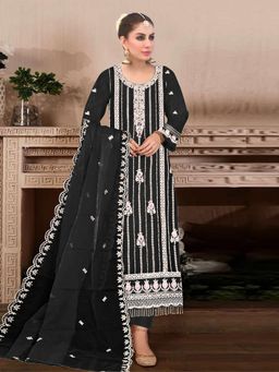 Odette - Black Embroidered Georgette Semi Stitched Salwar with Dupatta and Pant (Set of 3)
