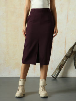 High Star - Women Wine Solid Slim Skirt