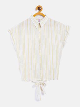 CRIMSOUNE CLUB - Girls Beige Striped Waist Tie-up Shirt