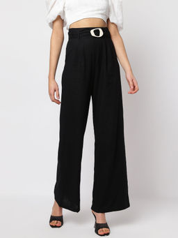 Missguided - Black Linen Mix Wide Leg Trousers