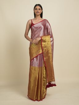 Suta - Pink and Red Golden Silver Cotton Zari Saree